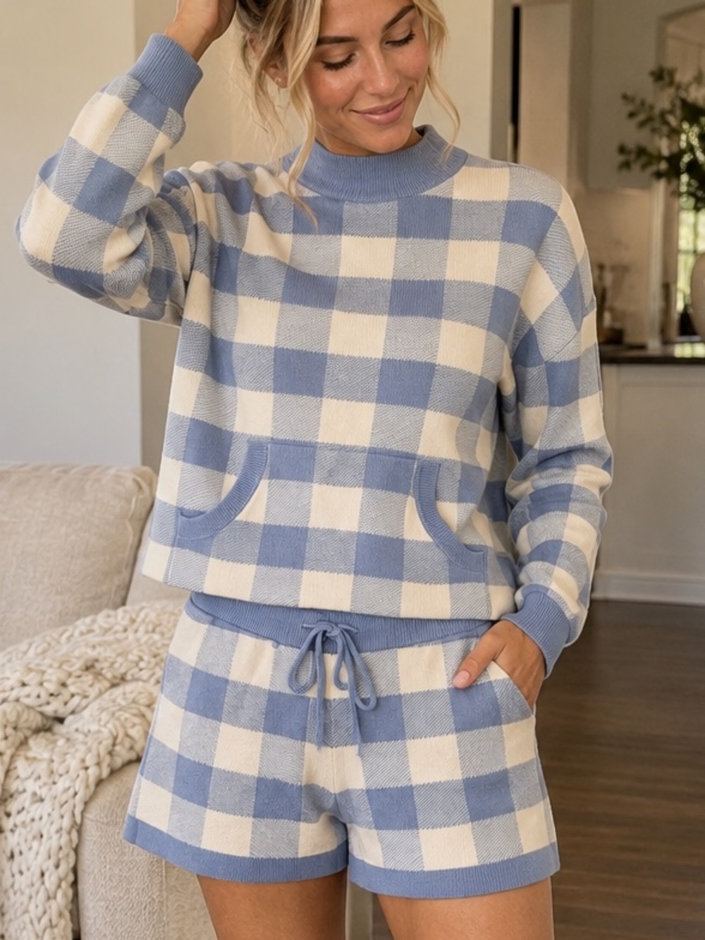 Anthropologie Saturday Sunday Blue Check Knit Sweater Shorts Set XS